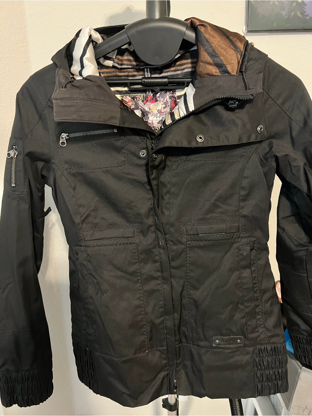 Burton Black Hooded Ski Jacket with Striped Lining